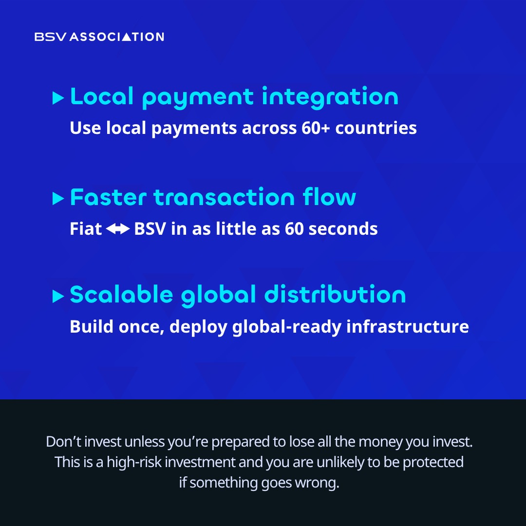 BSVAssociation's tweet photo. $BSV is now available via @onrampmoney.

Unlocking fast, local fiat access across leading markets incl. Asia, MENA, LATAM &amp; beyond – no exchange accounts, no friction.

>> 60-sec transactions
>> 60+ countries
>> Local payment methods

Click for more info 👇