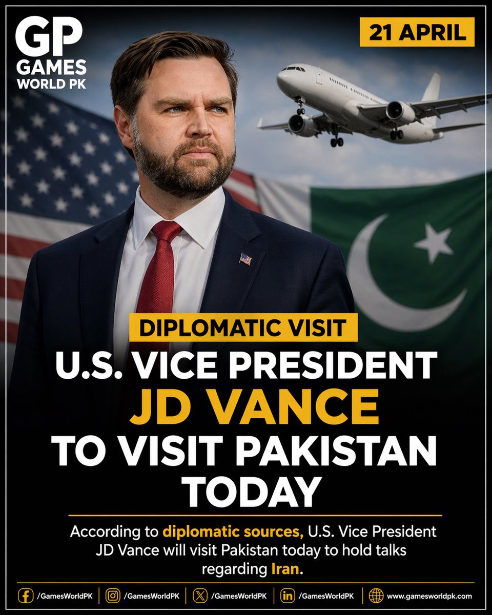 gameworldpk577's tweet image. 🌍 Breaking News 🌍  

According to diplomatic sources, U.S. Vice President JD Vance is set to arrive in Pakistan today for talks related to Iran.  

The visit highlights ongoing diplomatic efforts on key regional issues.  

#JDVance #Pakistan #USA #Iran #WorldNews #GamesWorldPK