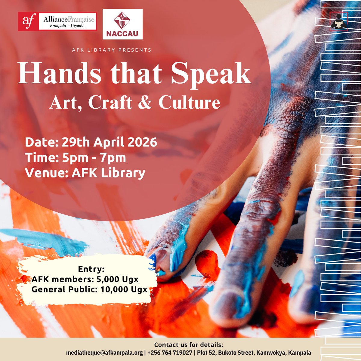 AFKampala's tweet photo. Did you know that your hands can tell a story?

Join us for an immersive session which explores how creativity becomes a language that expresses identity, heritage, &amp; lived experience.

📷AFK Library
📷29 April
📷5PM – 7PM

Register here: https://t.co/wb5w2LQgY8 https://t.co/7lfx8EToBE