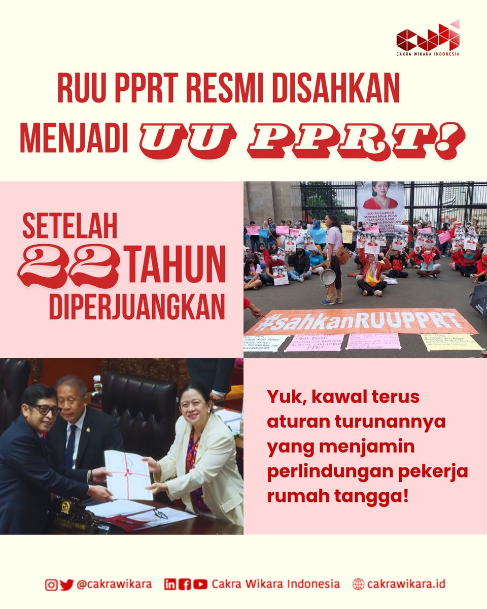 CakraWikara's tweet photo. [RUU PPRT RESMI DISAHKAN MENJADI UU PPRT!]

Pada tanggal 21 April 2026, RUU Perlindungan Pekerja Rumah Tangga (PPRT) telah disahkan!

#RUUPPRTTSAH #UUPPRT
#KeadilanUntukPRT https://t.co/wGBzT1pDHH