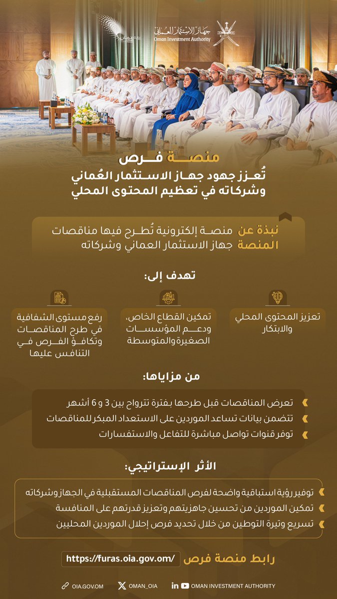 تجسيدًا لجهود جهاز الاستثمار العُماني في تعزيز المحتوى المحلي ودعم المؤسسات الصغيرة والمتوسطة؛ نُعلن عن إطلاق منصة "فرص" بالتعاون مع الشركات التابعة لجهاز الاستثمار العماني، لتُمكّن الموردين من الاطلاع المبكر على المناقصات قبل طرحها بفترة تصل إلى 6 أشهر؛ ما يعزز الشفافية وتكافؤ