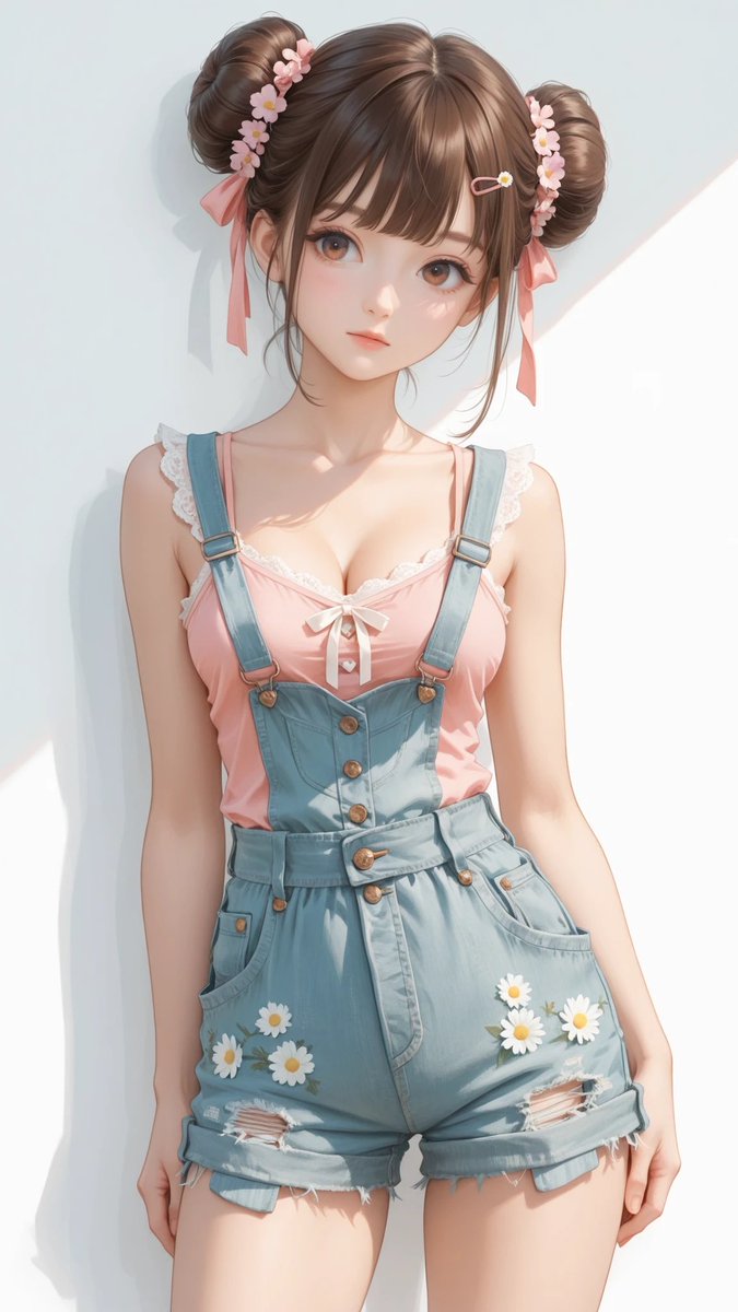 AliceLavli's tweet image. 衣装プロンプトどうぞ✨
two piece casual summer outfit, sleeveless pink camisole top with soft lightweight fabric, gathered neckline with elastic ruffle edge, small ribbon tie at center front forming bow, subtle small white and yellow daisy floral pattern evenly distributed, thin