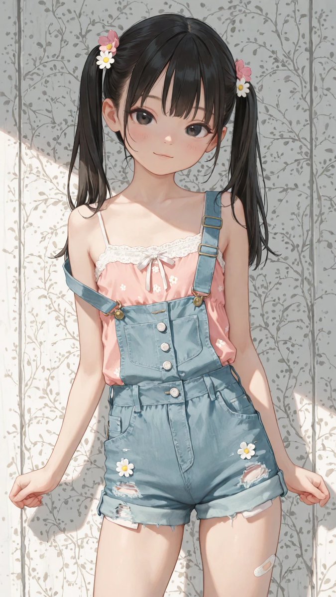 AliceLavli's tweet image. 衣装プロンプトどうぞ✨
two piece casual summer outfit, sleeveless pink camisole top with soft lightweight fabric, gathered neckline with elastic ruffle edge, small ribbon tie at center front forming bow, subtle small white and yellow daisy floral pattern evenly distributed, thin