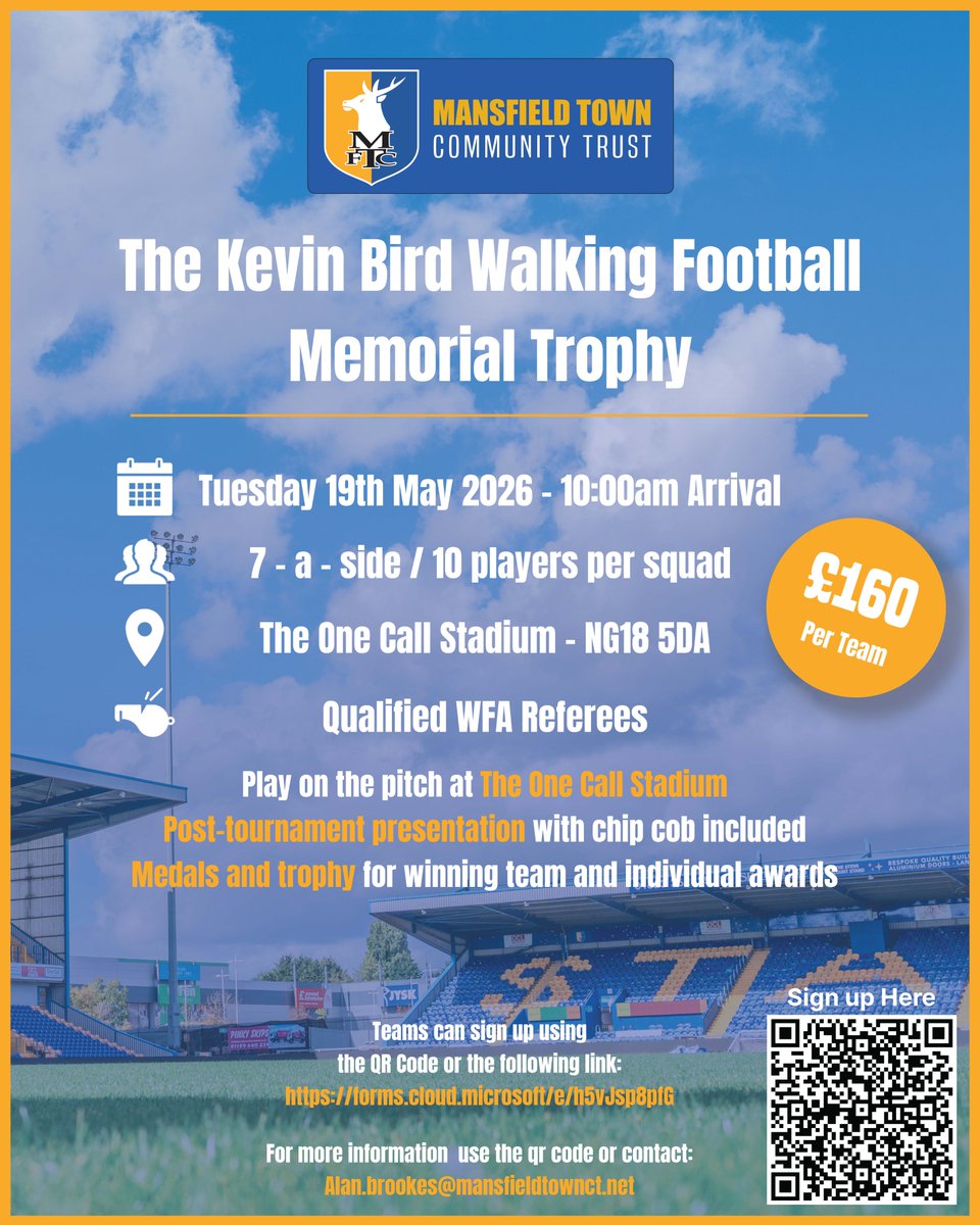 MTFC_CT's tweet photo. 🏆⚽ The Kevin Bird Walking Football Memorial Trophy 2026 ⚽🏆

Join us for a fantastic day of football, community, and celebration as we honour Kevin Bird’s legacy at the One Call Stadium! This exciting 7-a-side walking football tournament is open to over 50s teams, offering a great mix of competition, camaraderie, and fun on a professional pitch.

📅 Tuesday, 19th May 2026
📍 The One Call Stadium
🕘 Arrival: 9:45–10:00 AM | Kick-Off: 10:30 AM
💷 Entry Fee: £160 per team

👥 Squad size: Up to 10 players
All proceeds support health, wellbeing, and community programmes, helping people stay active and connected.

Register below👇
https://t.co/R5l56fnoZq

#Stags
