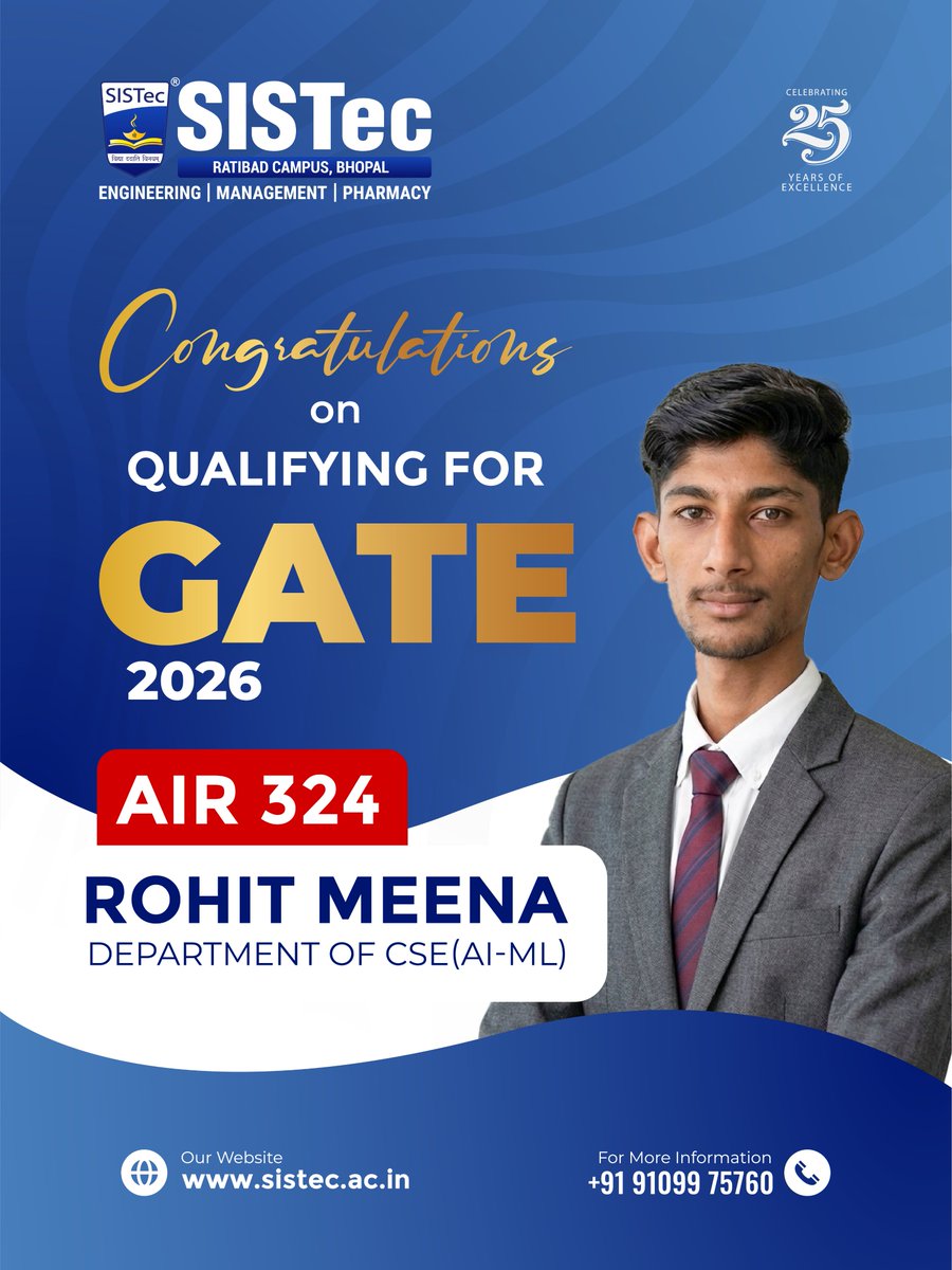 SagarCollege's tweet image. Hearty congratulations to Mr. Rohit Meena from the Department of Computer Science &amp;amp; Engineering with Artificial Intelligence and Machine Learning, on qualifying for GATE 2026 with an impressive All India Rank (AIR) 324.

#GATE2026 #GATEQualified #Congratulations