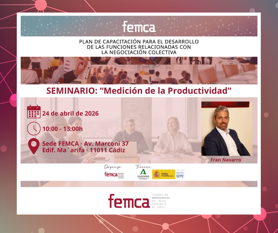 FEMCA_'s tweet photo. FEMCA  te recuerda que este viernes 24 de abril, tienes una cita para participar en nuestro seminario 👉MEDIACIÓN DE LA PRODUCTIVIDAD https://t.co/qHH05X9usS

🗓 24 abril de 2026
🕛 10:00-13:00h
📍 Sede FEMCA · Avda. Marconi 37, Edif. Ma´arifa

#femca #cec #cadiz #empresas #pymes https://t.co/N32s6jtvlP