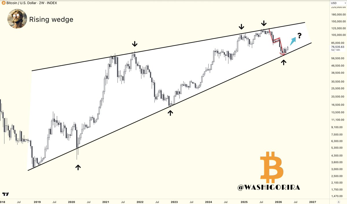 Washigorira's tweet image. #Bitcoin Sustained bounce from here?

#BTC has been holding  the lower boundary of the rising wedge. 

Hold -&amp;gt; continuation towards the highs.
Break -&amp;gt; structure failure and downside expansion. 

For now, based on the pattern alone, continuation has the edge.