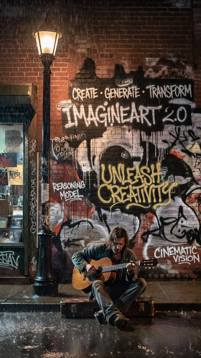 Lost in the rhythm of the city rain. A soulful moment captured with gritty urban realism, where street music meets vibrant graffiti. ImagineArt 2.0 perfectly renders the wet asphalt reflections and the raw energy of "Unleash Creativity."

#ImagineArt2Creatathon
<a href="/ImagineArt_X/">ImagineArt</a>
