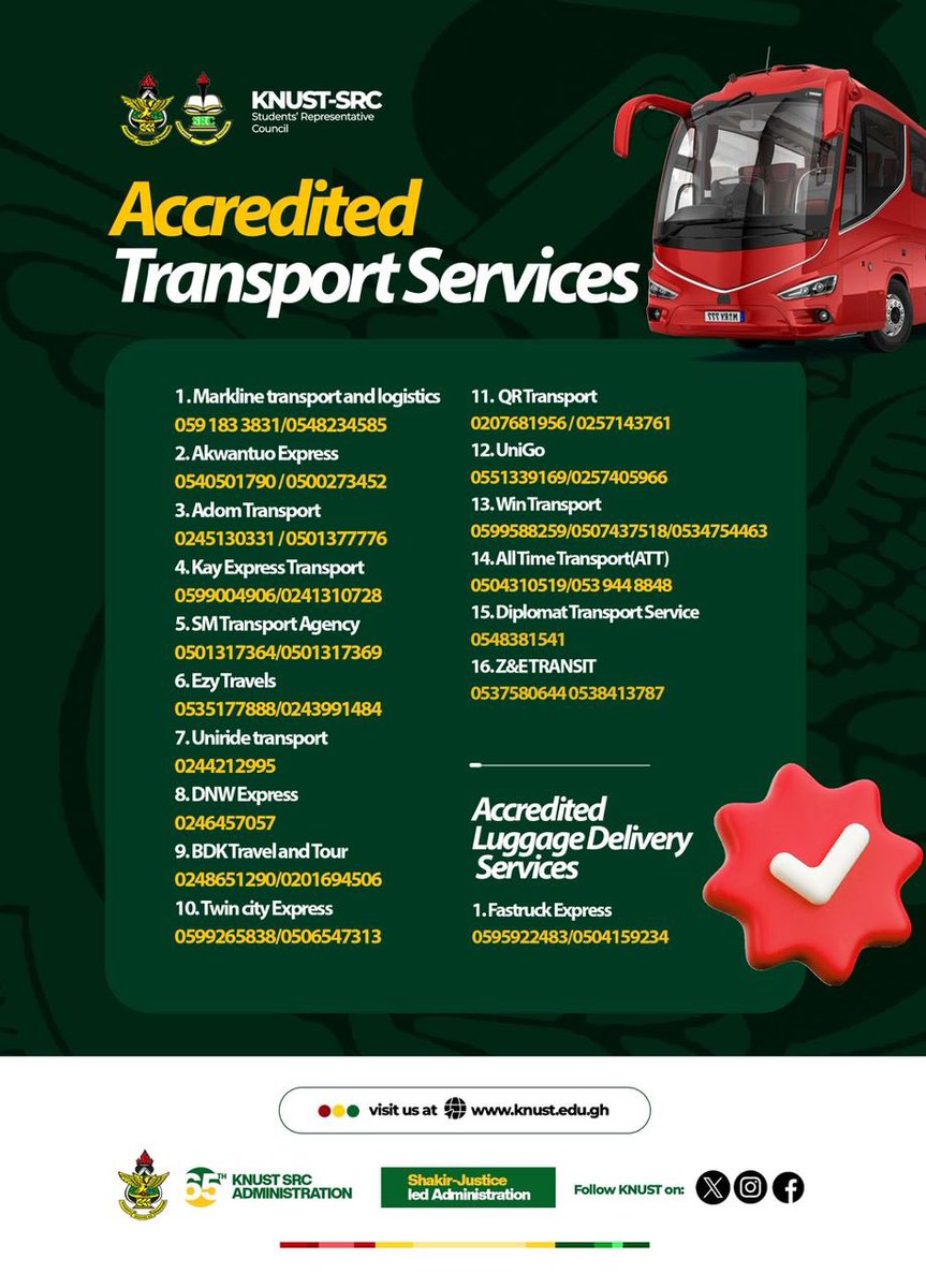 knust_src's tweet photo. ACCREDITED TRANSPORT SERVICES

The SRC wishes to inform all students of accredited transport and luggage services, with the safety and assurance of students as a top priority.

Students are strongly advised to be cautious of unaccredited third parties offering transport services.

SRC Transport Officials, in collaboration with Campus Security, will be present on designated departure days to ensure the safety and well-being of all students.