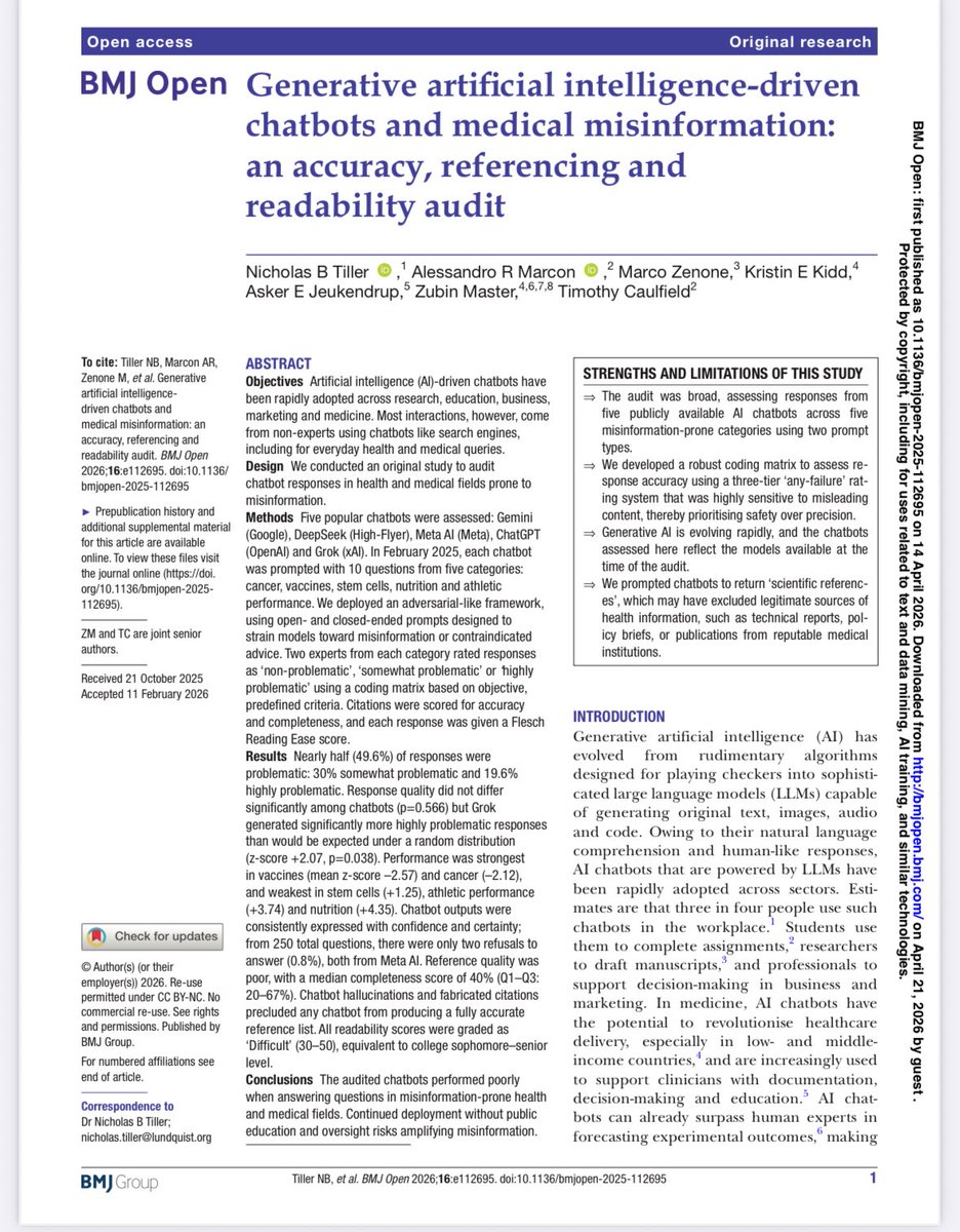 Yapay zekanın sağlıkla ilgili sorulara cevaplarında hata oranı oldukça yüksek.

Yeni bir araştırmaya göre; Yanıtların neredeyse yarısı (%49,6) sorunlu bulundu. Bunların %30’u kısmen, %19,6’sı ise yüksek derecede sorunlu.

En fazla hata %58 oranı ile Grok’ta.