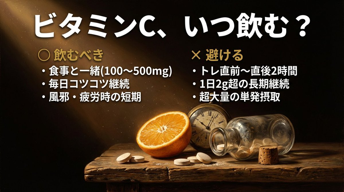 ビタミンCは飲むべきか、飲むべきでないか。
答えは「両方正しい」。

運動後は活性酸素が一時的に増える。これは運動の適応を起こすスイッチだ。ここに抗酸化サプリを入れるとスイッチが切れて、筋肥大・ミトコンドリア新生が鈍る。