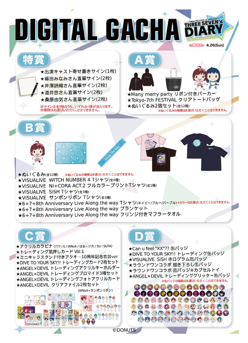 【Tokyo 7th シスターズ Showcase -THREE SEVEN's DIARY-】

2026年4月26日(日) ACT.1公演

デジタルガチャの商品ラインナップを公開♪
特賞は出演キャストのサイン色紙！

ぜひチャレンジしてみてくださいね♪

#t7s #ナナシス #777sDIARY