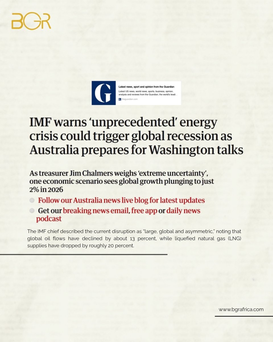 bgr_africa's tweet image. IMF warns an energy crisis could push the world to the brink of recession ⚠️

Rising fuel prices, slowing growth, and inflation pressures are reshaping the global outlook with worst-case growth at just 2%.

How prepared are we?

#GlobalEconomy #IMF #EnergyCrisis