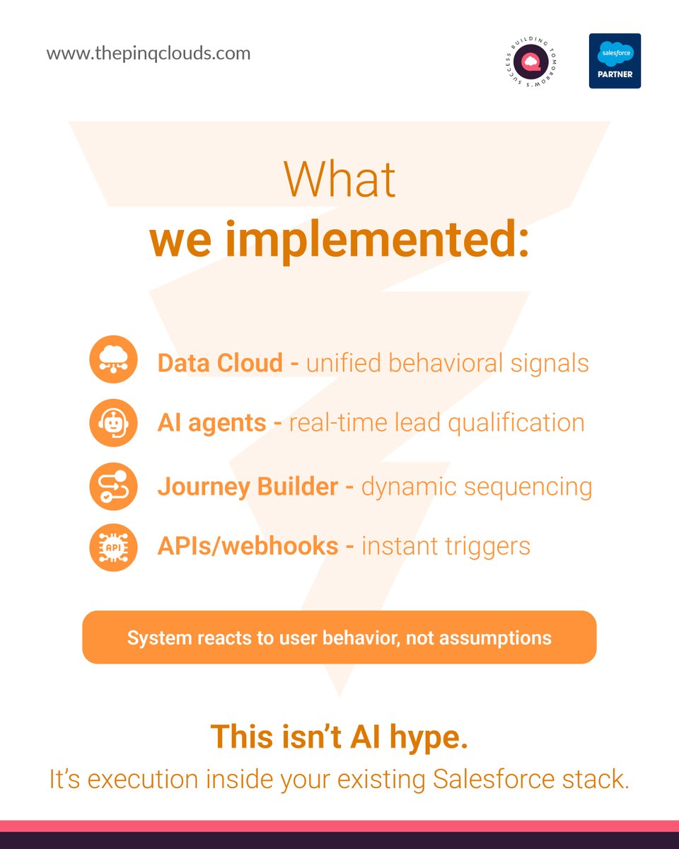 thepinqclouds's tweet image. Most @salesforce setups still run on fixed journeys. 

They execute. But they don’t adapt.  

The shift:

Workflows → decision systems

That’s where real lift happens.

👉 Curious how this would work in your setup?

#CRM
#AIAgents
#Salesforce
#MarketingCloud
#SalesforcePartners