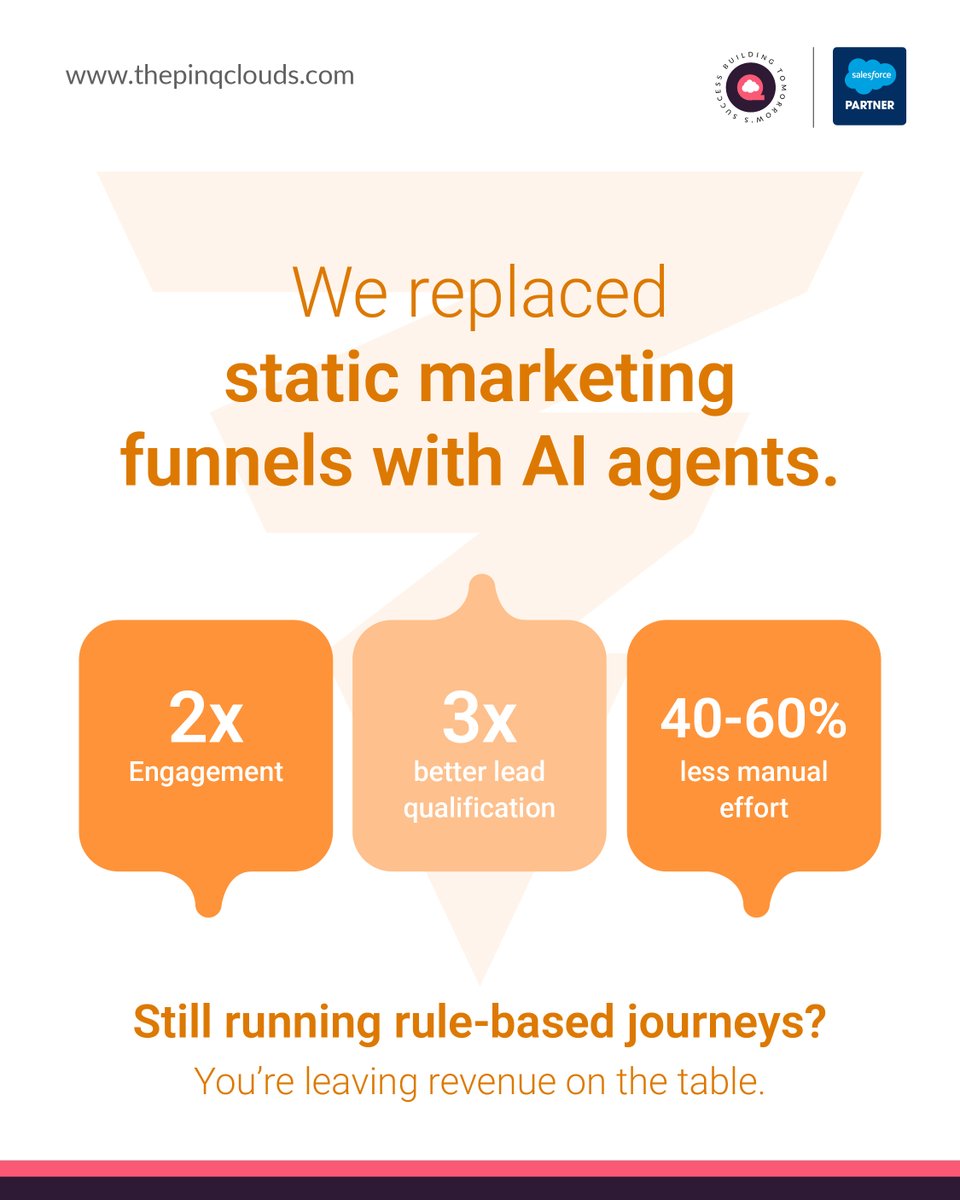 thepinqclouds's tweet image. Most @salesforce setups still run on fixed journeys. 

They execute. But they don’t adapt.  

The shift:

Workflows → decision systems

That’s where real lift happens.

👉 Curious how this would work in your setup?

#CRM
#AIAgents
#Salesforce
#MarketingCloud
#SalesforcePartners