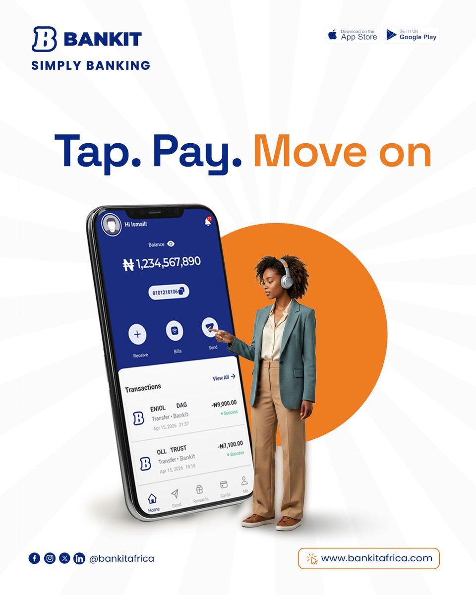 Tap. Pay. Move on — banking made effortless with BANKIT.

#DigitalBanking #FintechAfrica #CashlessConvenience #BankingSimplified #SmartPayments