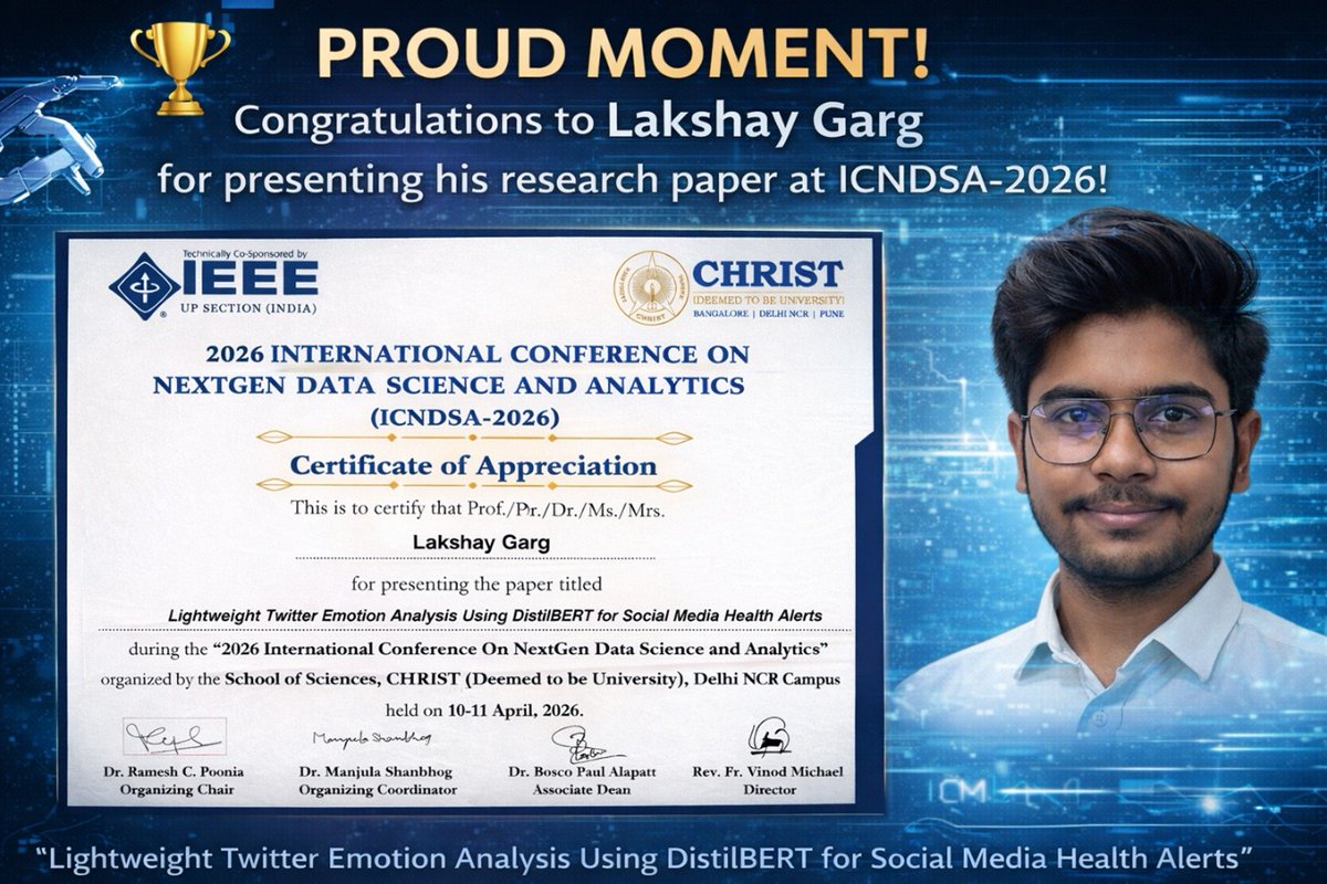 SCSE_GU's tweet image. Proud moment 🎓✨
Galgotias students presented “Lightweight Twitter Emotion Analysis using DistilBERT” at NextGen Data Science Conference 📊AI for mental well-being 💡
Turning social media into a healthier space 🌱#AIForGood #NLP #DistilBERT #EmotionAnalysis #Research #Galgotias