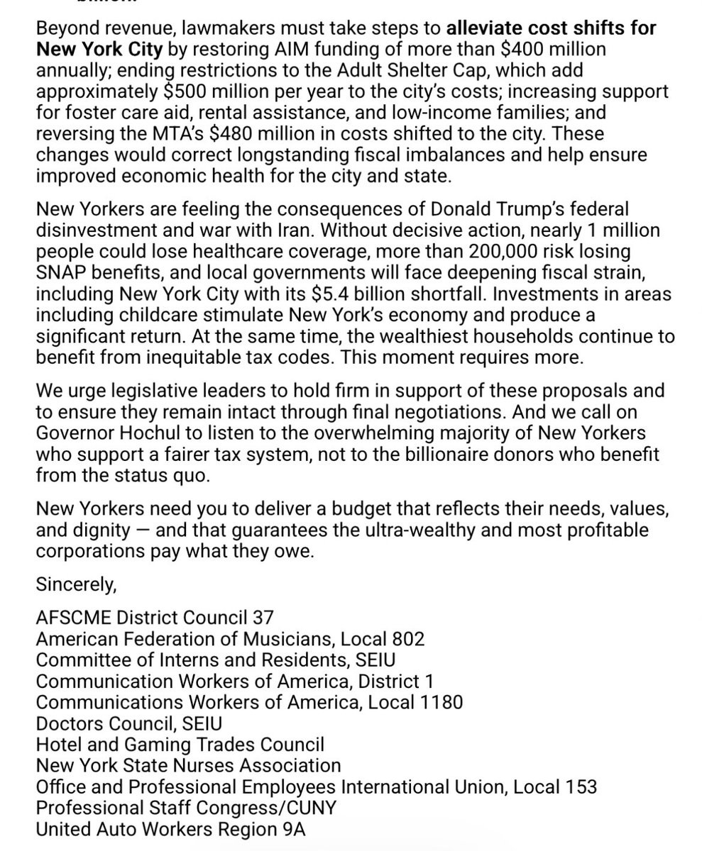 a coalition of unions representing more than 300,000 workers is pushing New York lawmakers to raise taxes on wealthy residents and corporations in the state budget being negotiated in Albany: “This moment requires more,” they write in a letter to Gov. Hochul and state legislators