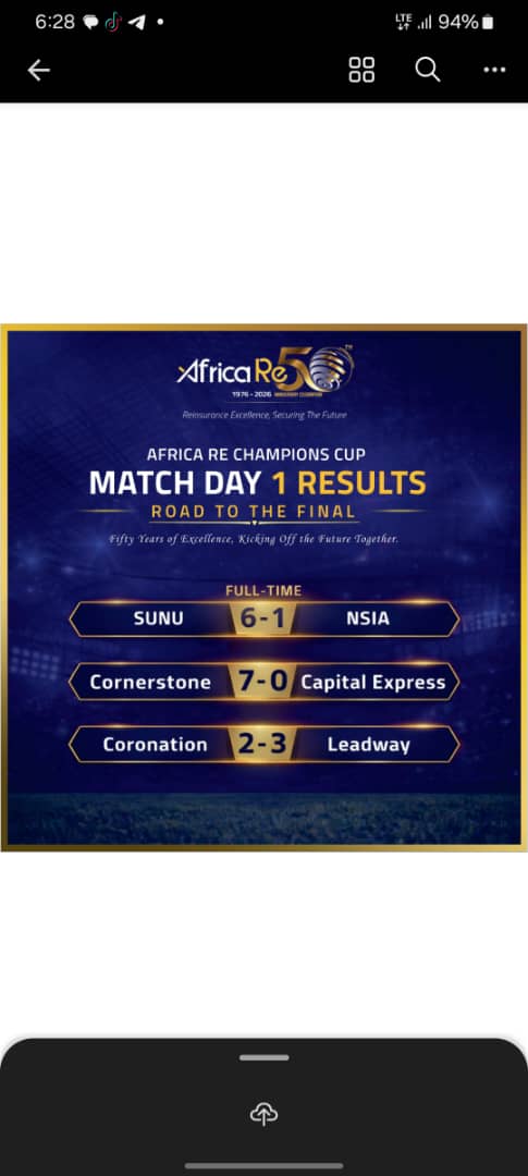 Insurance_SLNG's tweet photo. Game 1 , 2 and 3 results are in.. 
@SUNUAssurances 
@cornerstone_ng 
@LeadwayInsure 

All move to the next round.. 
#AfricaRe50 #InsuranceMeetsFootball https://t.co/C9Rdp9tSXo