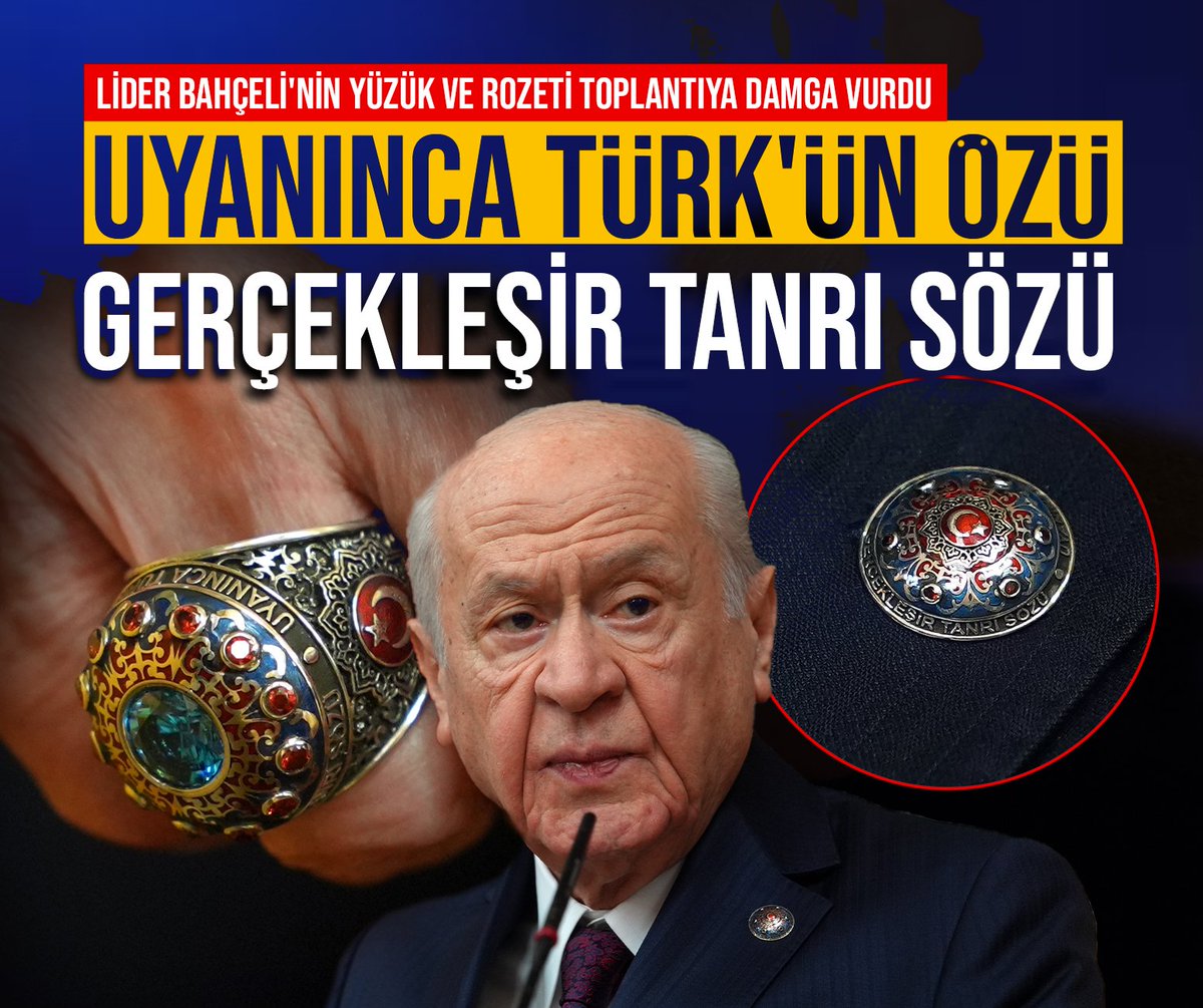TurkgunGazetesi's tweet photo. Lider Bahçeli'nin yüzük ve rozeti toplantıya damga vurdu: 'Uyanınca Türk'ün özü, gerçekleşir Tanrı sözü' https://t.co/ZaqVOQXbDq https://t.co/qoqdtGBbNN