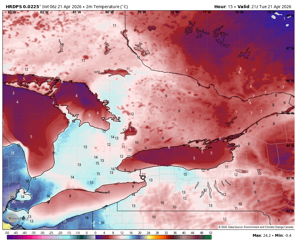 WxOntario1's tweet image. Cold start to the day across Southern #Ontario 

Temps range from near 0C to -5C

SW Ont warms up nicely for the afternoon with temps in the mid/ upper teens (near 20C deep SW)

Cooler elsewhere with temps near 10C

#OnWX #ONStorm