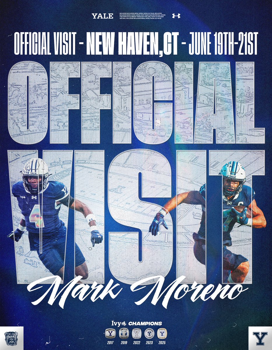 MarkJacobMoreno's tweet photo. Blessed to be locked in for my Official Visit to Yale University on June 19th!
Grateful for the opportunity to learn more about this program and spend time with the coaches.
#ThisisYale #GoYale @YUFBRecruiting @yalefootball https://t.co/QN7gWb12xO