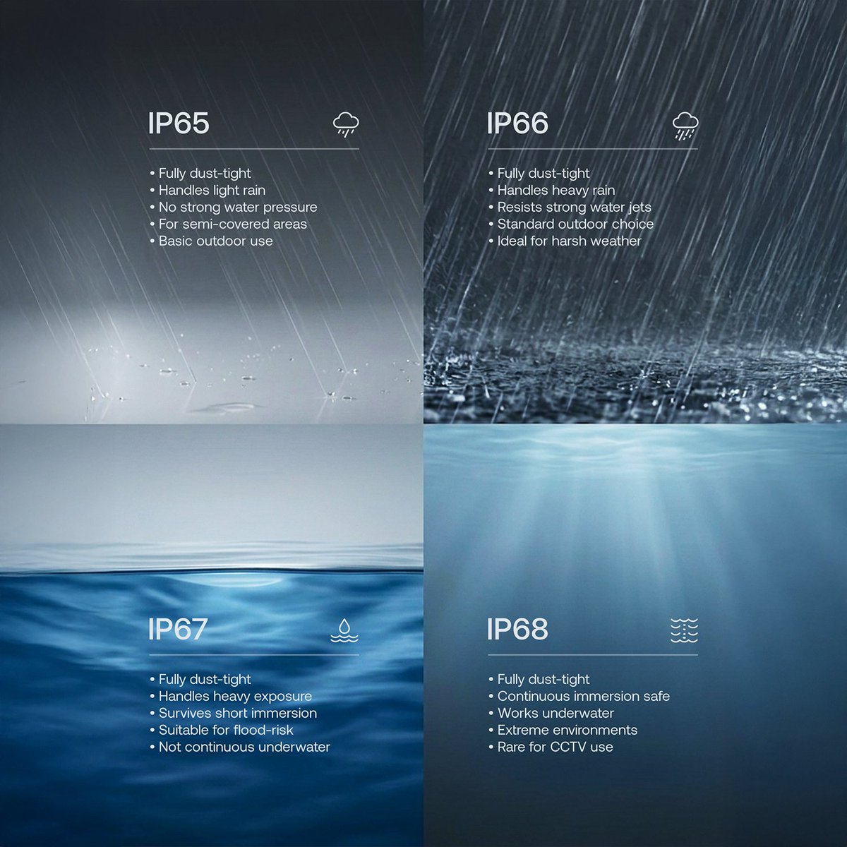 Security__Links's tweet image. Most people choose CCTV by resolution.
Experienced integrators also check the IP rating.

IP65 = light rain
IP66 = heavy rain + water jets
IP67 = short immersion
IP68 = continuous immersion

For most outdoor CCTV, IP66 is often the real standard.

#CCTV #Surveillance #Security