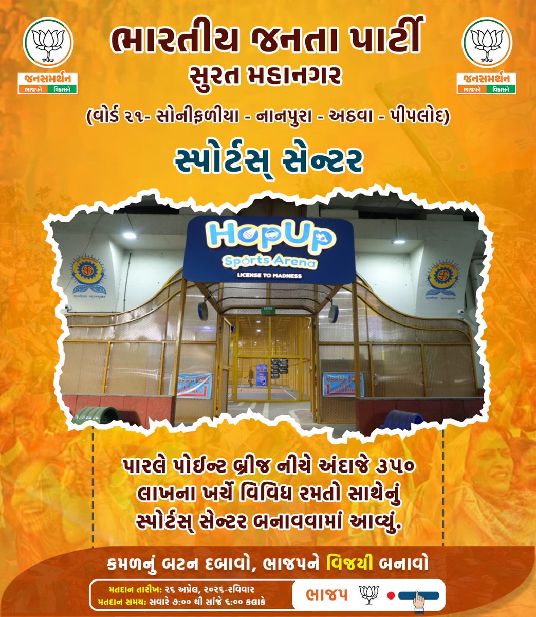 BJP4SuratCity's tweet photo. "વિકાસનો ભરોસો, ભાજપનો સાથ!" 🪷

વોર્ડ નં. ૨૧ (સોનીફળીયા - નાનપુરા - અઠવા - પીપલોદ) અંતર્ગત ઉમરામાં નવી શાળા, પખાલીવાડમાં હેલ્થ સેન્ટર, પાર્લે પોઈન્ટ પર સ્પોર્ટ્સ સેન્ટર અને અઠવા ચોપાટી ગાર્ડનના નવીનીકરણ સાથે ભાજપે વધારી છે જનસુખાકારી. આ પ્રગતિ જાળવવા...

🗳️ કમળનું બટન દબાવો, ભાજપને વિજયી બનાવો!

📅 ૨૬ એપ્રિલ, ૨૦૨૬ | ⏰ સવારે ૭ થી સાંજે ૬ કલાક સુધી

#BJP4SuratMahanagar
#અબ_કી_બાર_120
#કમળ_ખીલશે_વિકાસ_જીતશે