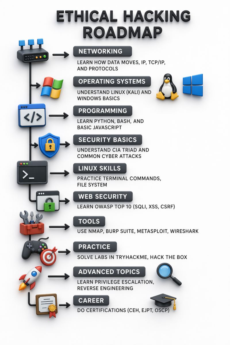 hackinarticles's tweet image. Ethical Hacking Roadmap

🔥 Telegram: t.me/hackinarticles

#CyberSecurity #InfoSec #PenetrationTesting #EthicalHacking #BugBounty #ThreatIntelligence #RedTeam #BlueTeam #CloudSecurity #DataSecurity #CyberSecurityAwareness #AI