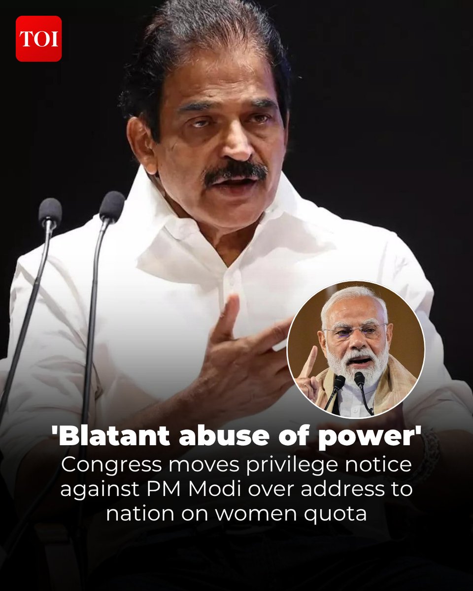 timesofindia's tweet image. Congress MP #KCVenugopal submitted a breach of privilege notice in #Parliament against #PrimeMinister #NarendraModi over his address to the nation after his 131st Constitutional (Amendment) Bill, 2026, failed to pass in the #LokSabha.

More details 🔗 toi.in/StHdlb97