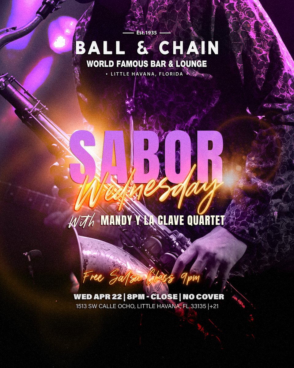 BallAndChainBar's tweet photo. TODAY: #LiveMusic 12 noon to 6 p.m., #HappyHour 4 to 7, #LiveJazz 6 to 9, then #Bachatuesday with DJ Vila + a FREE #BachataClass, 9
TOMORROW: #SaborWednesday includes Pineapple Stage #Karaoke and Mandy y La Clave + a FREE #SalsaClass!
https://t.co/kBdwIKSopr
๐๐ https://t.co/qqQQzCSq1r