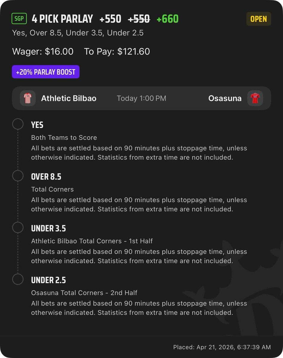 GhostEVplays's tweet image. ⚽️ DraftKings Soccer SGP Boost

⚽️ +660 (FV +607.18)
+EV: 7.46%
Playing: 0.10 Units

#draftkings #sports #soccer #laliga