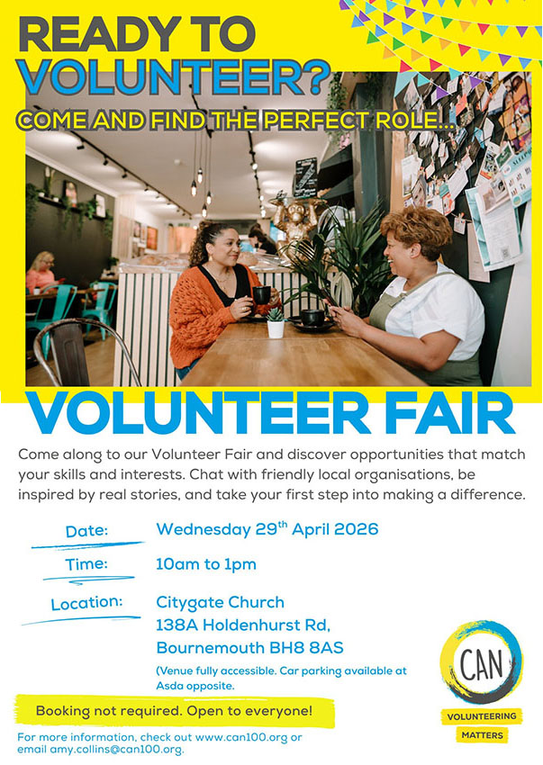 bcp_homes's tweet image. Discover what volunteering could open up for you at the @can100org Volunteer Fair! Chat with 30+ local organisations. Build skills, meet people, boost wellbeing, or give back.

📅 29 April 2026 🕙 10am–1pm 📍 Citygate Church, Bournemouth BH8 8AS ♿ Fully accessible 

#GetInvolved
