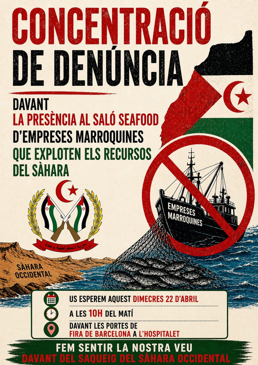 bosch_conxita's tweet image. Contra el saqueig dels recursos naturals del Sàhara, concentració a les portes del #Seafood, demà dimecres, a les 10h.