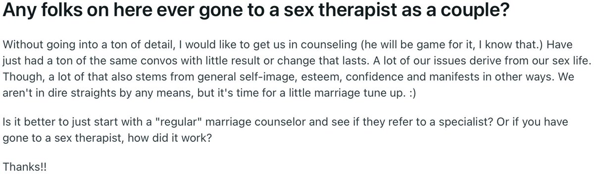 evellblis's tweet image. A sex therapist usually starts because of intimacy issues and patterns that develop over the course of the relationship. They help uncover communication gaps between partners. Honestly, I don’t think you can go wrong by seeing a specialist. #sextherapis #relationships
