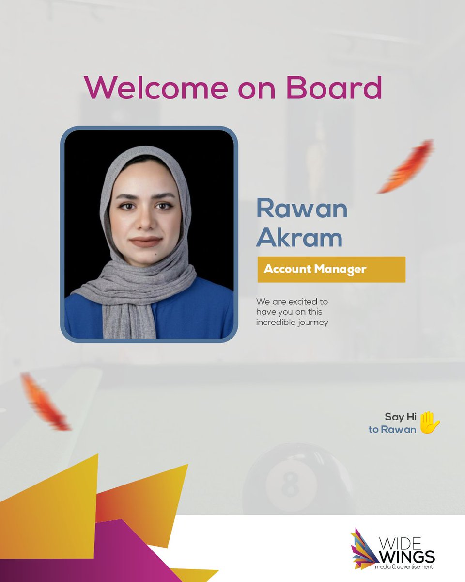 Wide_WingsMedia's tweet image. We are excited to announce that Rawan Akram has joined Wide Wings Media &amp;amp; Advertising as our newest Account Manager. Welcome to the team, Rawan!

#MeetTheTeam
#Create #Connect #Captivate
#WelcomeOnBoard #NewTeamMember #TeamGrowth #WideWingsFamily
#ReemHolding