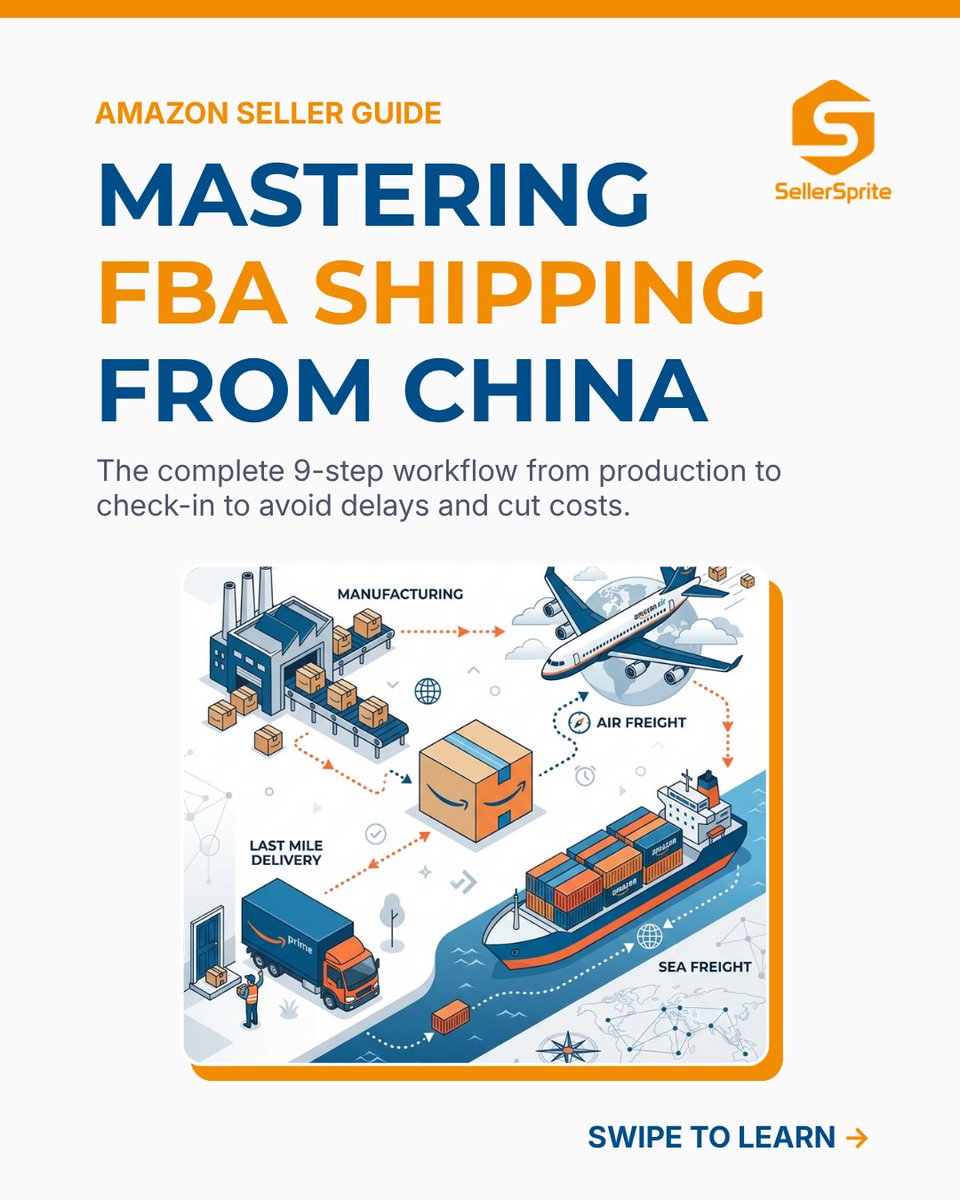 SellerSprite_EN's tweet image. Shipping to FBA problems usually start before the goods leave the factory. A clean shipment plan means fewer delays, less relabeling, and fewer surprise fees. #AmazonFBA #AmazonSeller #Logistics
👉Follow the full workflow:  sellersprite.ai/en/blog/Shippi…