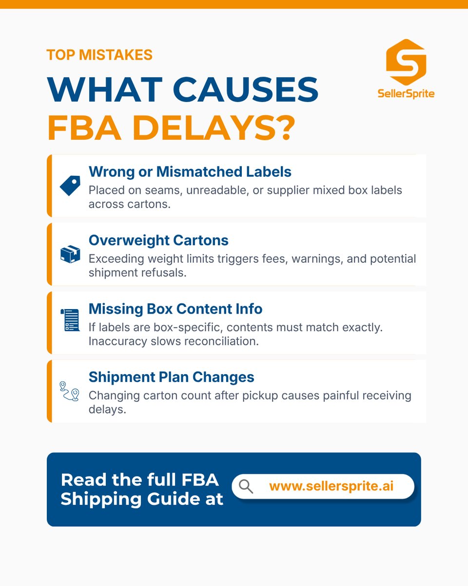 SellerSprite_EN's tweet image. Shipping to FBA problems usually start before the goods leave the factory. A clean shipment plan means fewer delays, less relabeling, and fewer surprise fees. #AmazonFBA #AmazonSeller #Logistics
👉Follow the full workflow:  sellersprite.ai/en/blog/Shippi…