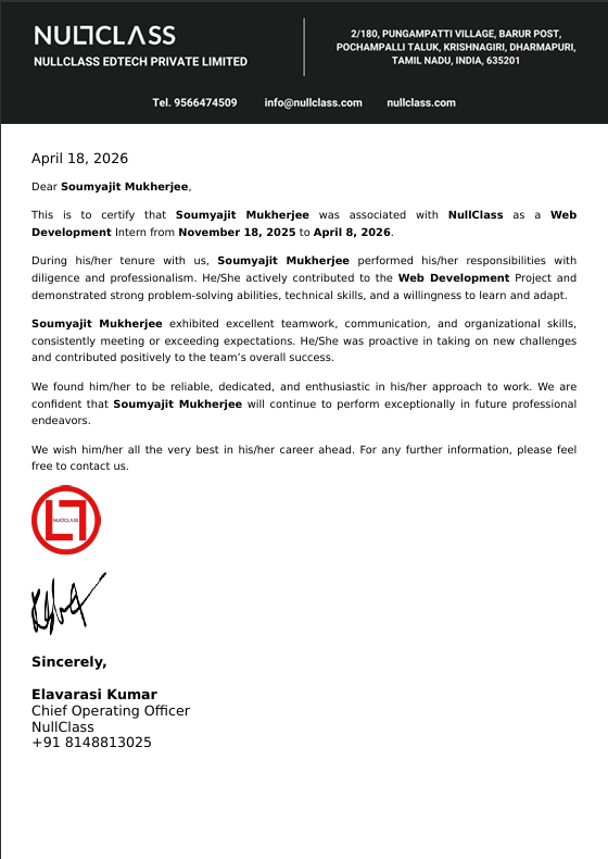 sam9890smsm's tweet image. Grateful for the recognition of my problem-solving and professionalism during the program. Ready for the next big challenge in the #FullStack world! 👨‍💻

#BuildInPublic #WebDev #MERN #NextJS #CodingLife #NullClass