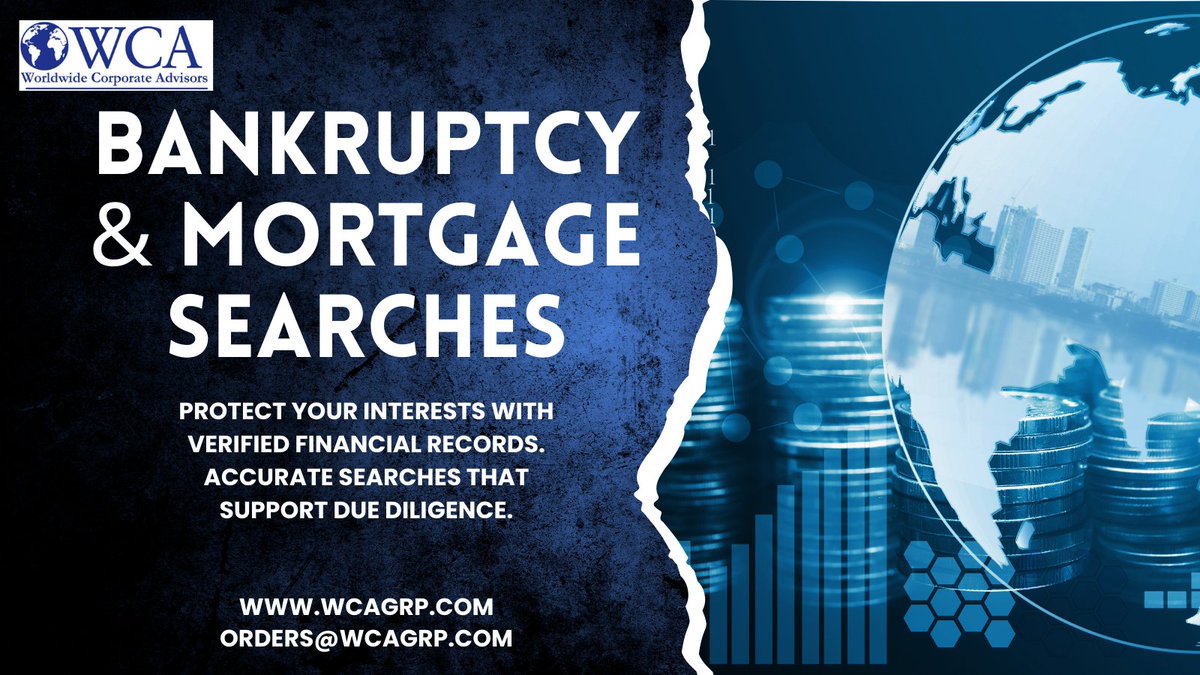 * Bankruptcy &amp; Mortgage Searches *    

WCA can provide fast, accurate corporate bankruptcy and mortgage history reports worldwide.    

Visit our website and contact us to learn more.    

wcagrp.com 

#bankruptcy #mortgage #services #global