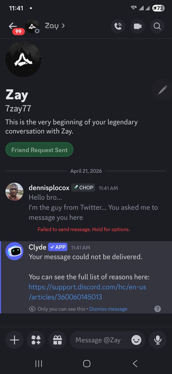 paulsmithzy10's tweet photo. @zaytrades_7 @biniub3 Got this error message when I sent a dm to you on Discord... Sent you a friend request also... My username is dennisplocox. Kindly reach out https://t.co/5xA33EWQ6B