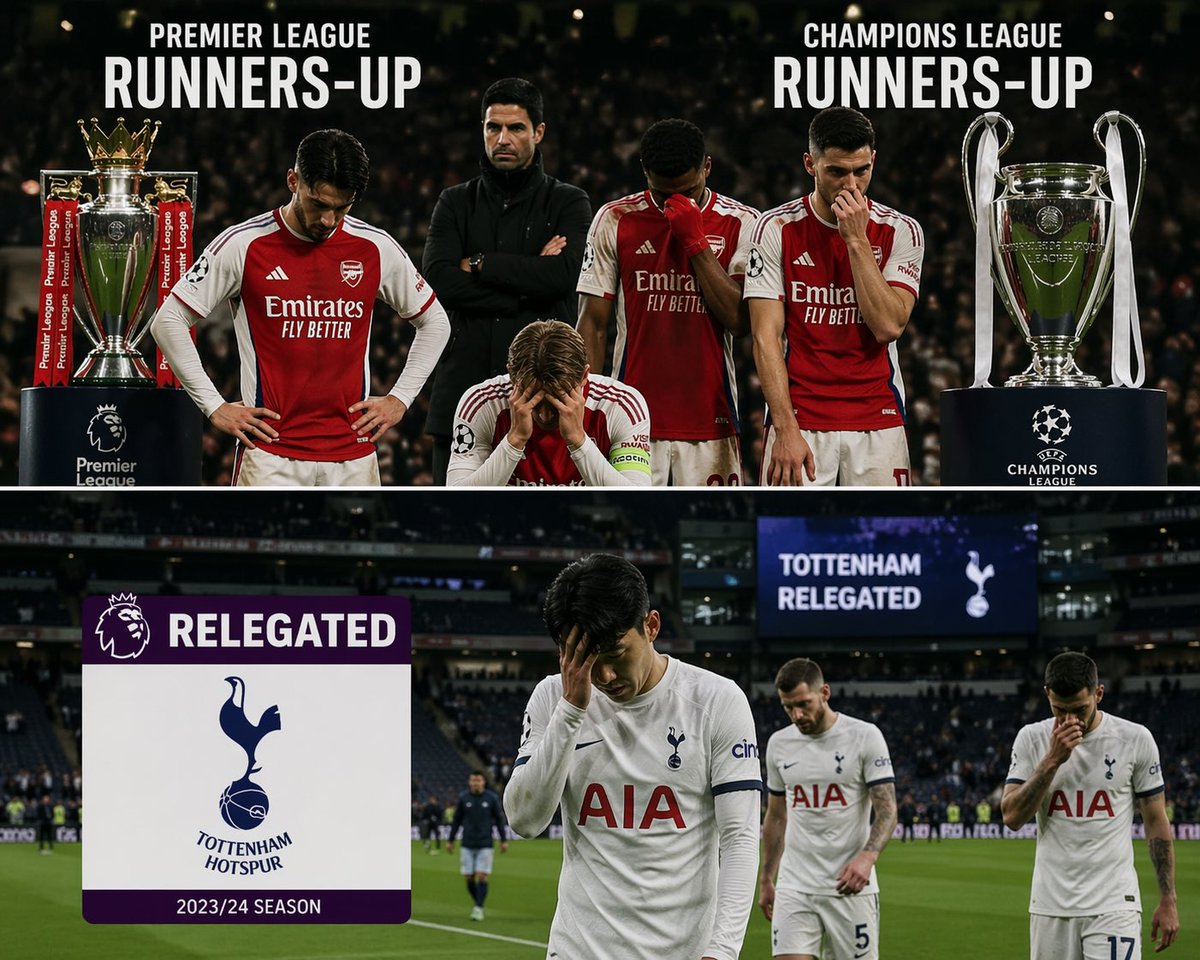 Drealsalt's tweet photo. Rival fans, you can only choose one

Arsenal bottle the Premier League and Champions League 
OR  
Tottenham get relegated to the Championship 

No fence sitting. Pick your happiness. https://t.co/xIwNHwOioR