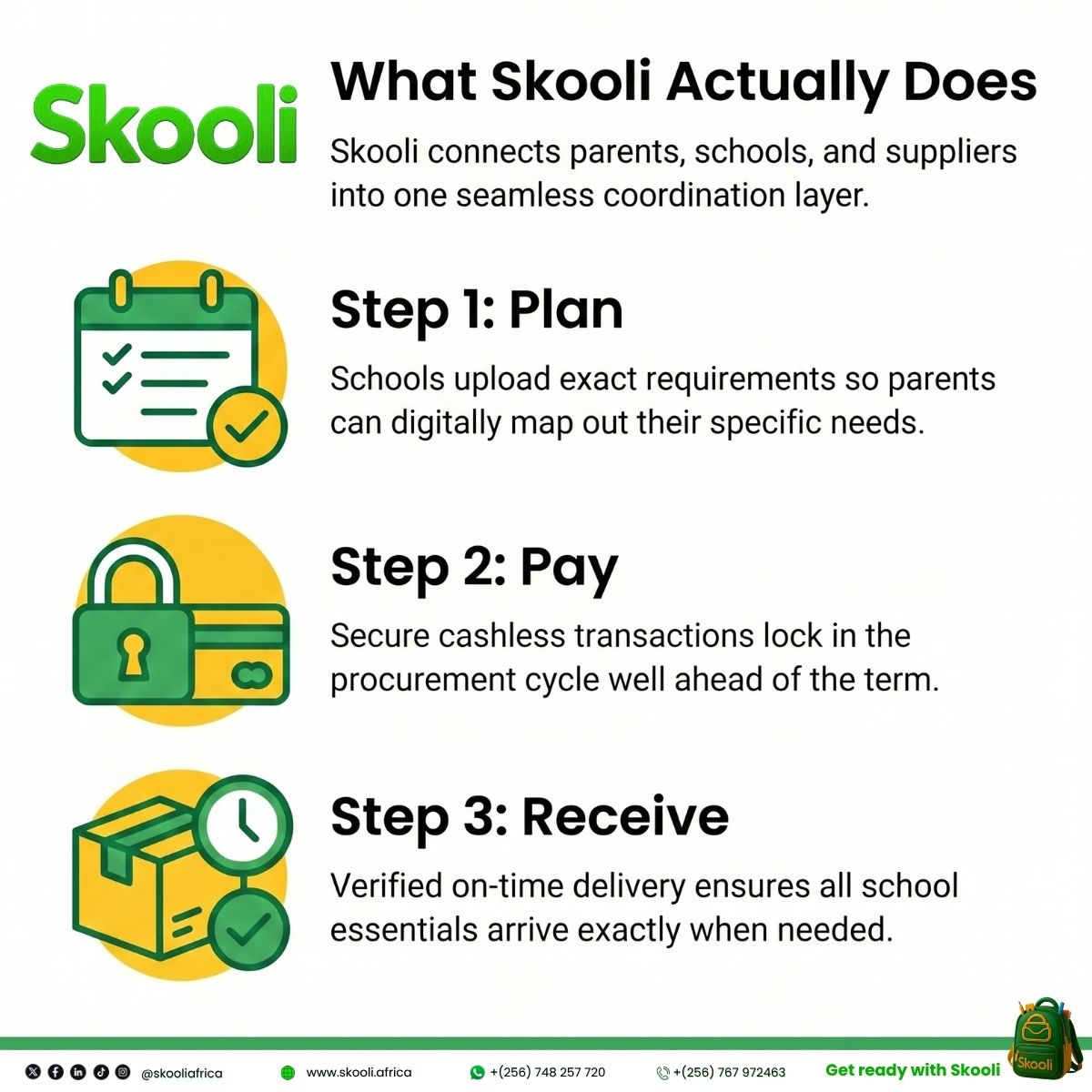 SkooliAfrica's tweet image. What does Skooli actually do?

Plan. Pay. Receive.

That’s it.

A smarter system for school preparation. 🤝📚

📞 +256 767 972 463
💬 WhatsApp: +256 748 257 720

#SkooliAfrica #EdTechAfrica #BackToSchool