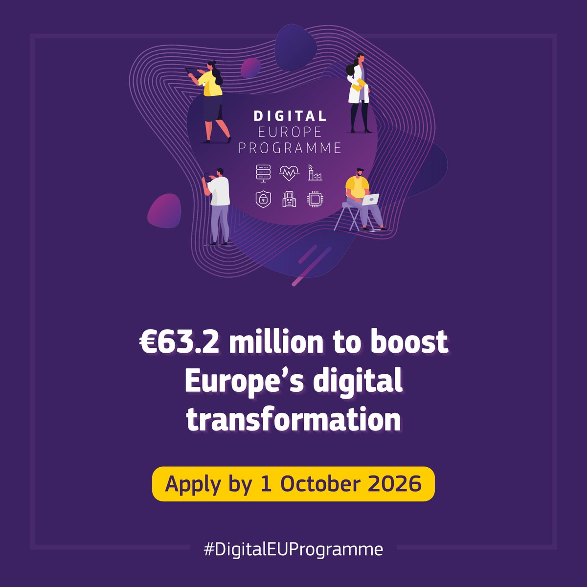 DigitalEU's tweet image. ⚡️Supporting Europe's digital transformation.

New calls under the Digital Europe Programme worth €63.2 million opened today in key areas, including:

🔹AI
🔹digital health
🔹online safety
🔹digital skills
&amp;amp; more.

Apply by 1 October.

🔗link.europa.eu/hg6JVj