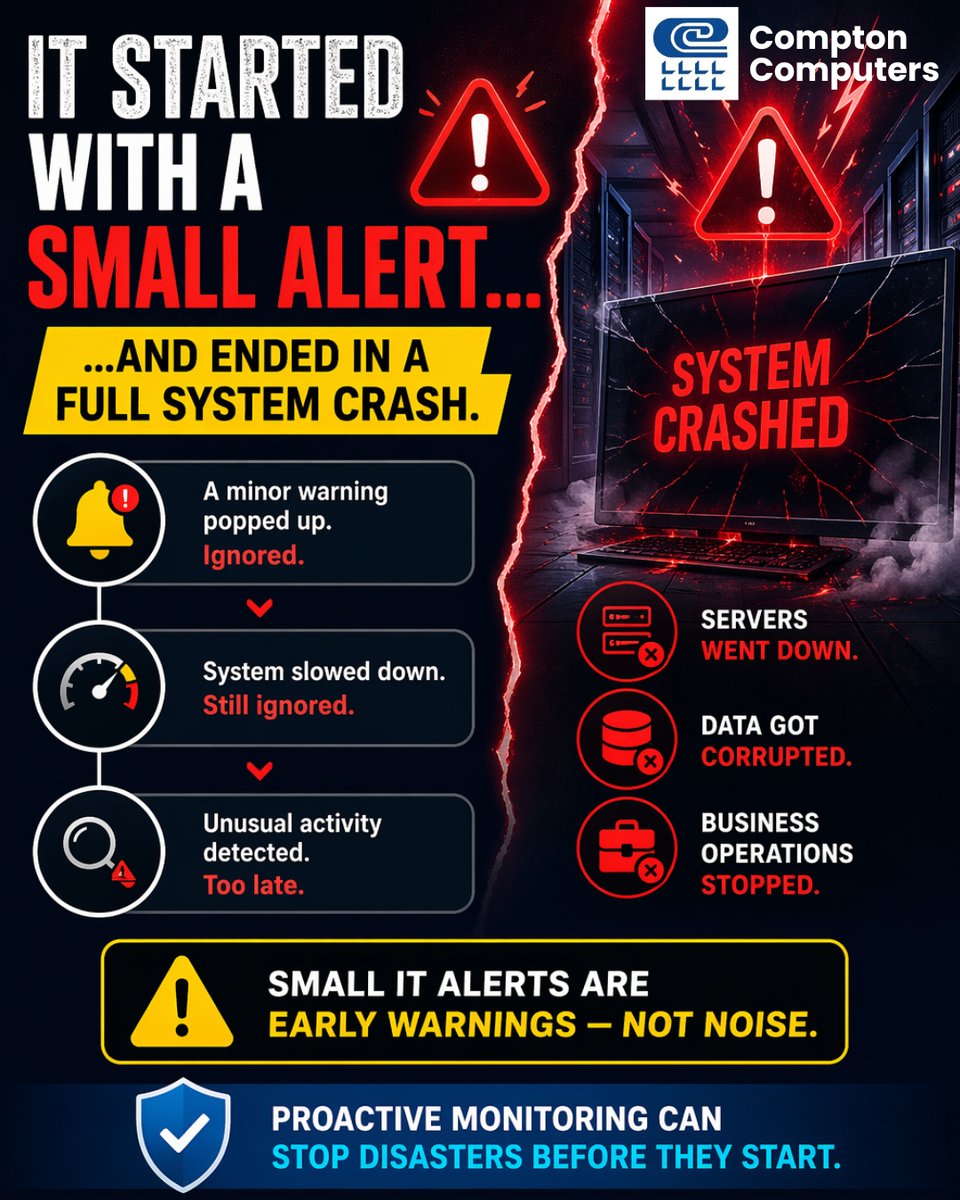 It started with a small alert.
Nothing serious… or so it seemed.

Minutes later, systems slowed.
Then came the crash.

💥 Servers down
💥 Data compromised
💥 Business halted

The truth?
Small IT alerts are never “small.”

⚠️ They are early warnings of bigger failures.