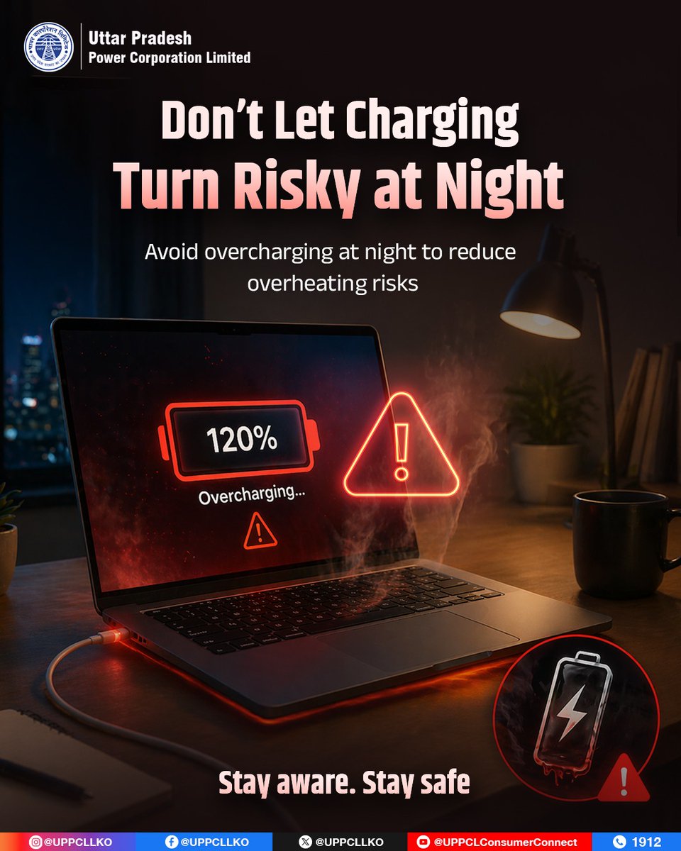 UPPCLLKO's tweet image. A small step like unplugging your device before sleep can help prevent overheating and improve battery health.
#UPPCL #StaySafe #ChargeSmart #DailyHabits

@CMOfficeUP
@EMofficeUP
@aksharmaBharat
@mduppcl