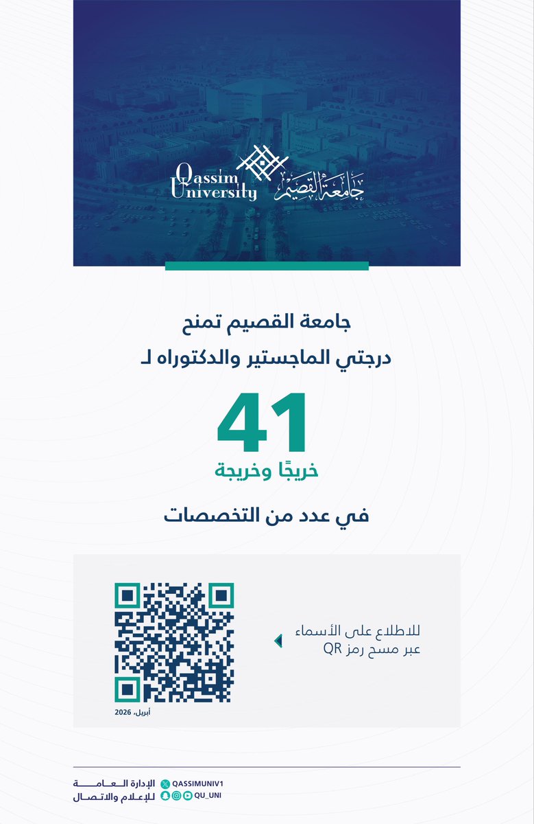 QassimUniv1's tweet photo. #جامعة_القصيم تمنح درجتي الماجستير والدكتوراه لـ 41 خريجًا وخريجة في عدد من التخصصات. 

للاطلاع على الأسماء عبر الرابط:
https://t.co/9ol9BbltRT https://t.co/oL00EVbOuX
