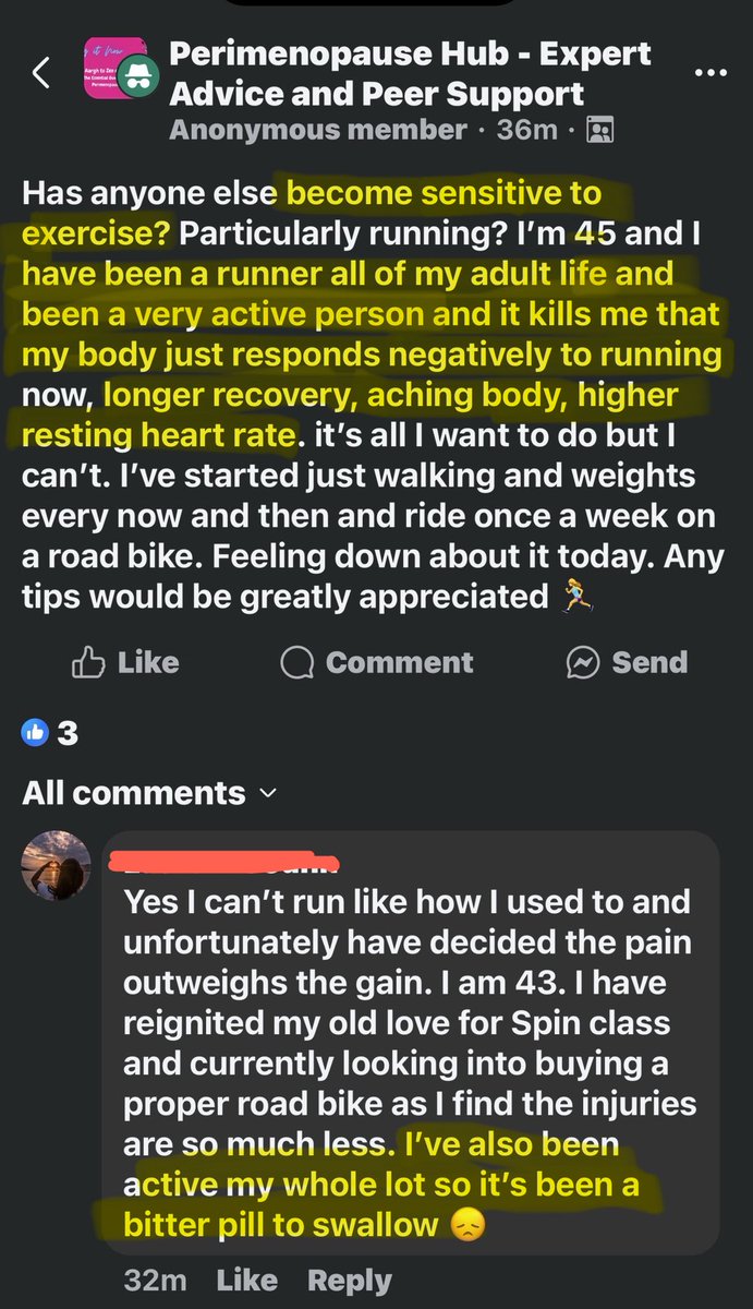 envidreamz's tweet photo. Everyone in this group is describing the exact same thing… 

“SUDDEN” EXERCISE INTOLERANCES 

Then the comments escalate:  

“Yes extreme exercise fatigue and poor recovery.”😵‍💫

“I have been a runner all of my adult life and been a very active person. 
My body just responds negatively to running now.”🏃‍♀️⬇️

“I got a pacemaker in last year and honestly dont know whats going on! I can’t do what i would usually do.” 😬
(45 y/o and claims HRT therapy is not working)

“I’m having a vascular ultrasound this week.” 🫀 ✔️ 

And one of them literally says:
“This started in 2020/2021.” 👀 

Long covid is sitting in the room
and everyone is politely stepping around it like it’s a piece of furniture! 🦠 🪑