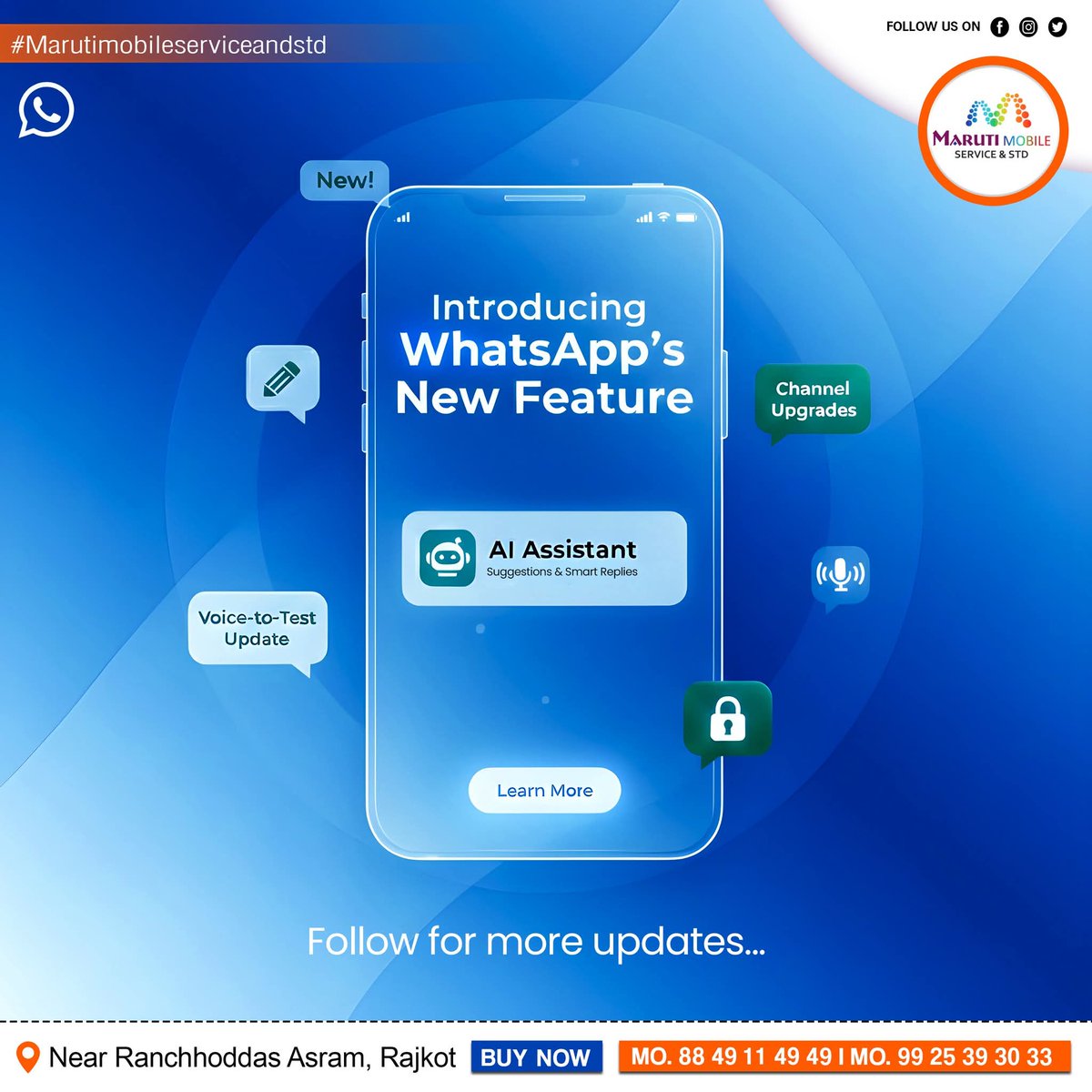 MarutiStd's tweet photo. 𝗪𝗵𝗮𝘁𝘀𝗔𝗽𝗽 𝗯𝗿𝗶𝗻𝗴𝘀 𝗮 𝘀𝗺𝗮𝗿𝘁𝗲𝗿 𝘄𝗮𝘆 𝘁𝗼 𝗰𝗵𝗮𝘁 !! 🚀

#WhatsAppUpdate #NewFeature #AIAssistant #VoiceToText #ChannelUpgrade #SmartChat #TechUpdate #MarutiMobileService #RajkotMobileStore #MobileSolutions #DigitalUpgrade #WhatsAppFeatures #LatestTechnology https://t.co/aHZtrU0VPo