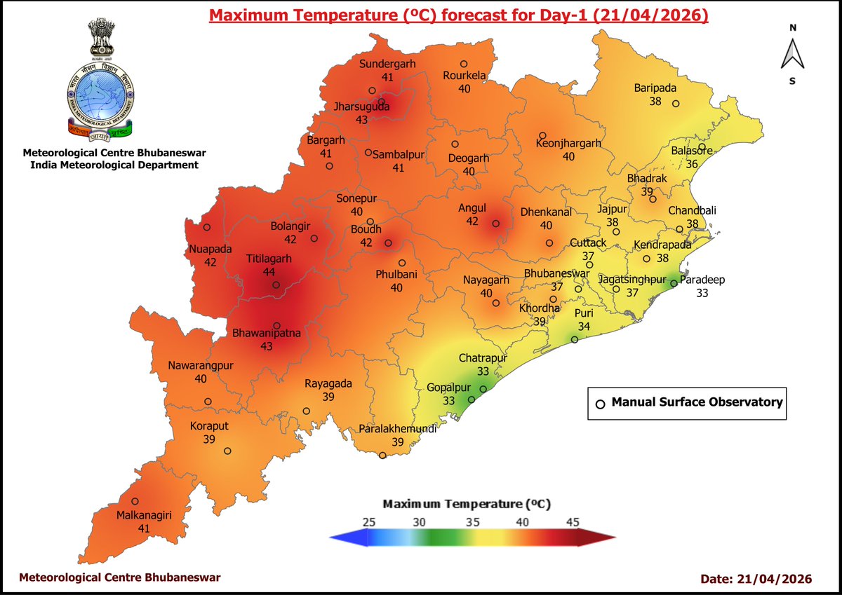 mcbbsr's tweet image. Maximum Temperature Forecast for next 5 days
#Odisha #hot #temperature